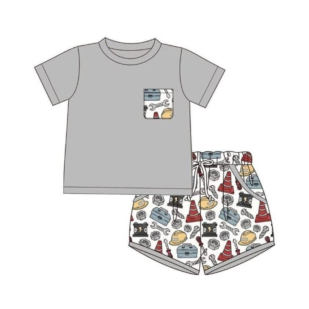 ( Moq 5 ) Preorder Baby Boys Kids Short Sleeves Grey Shirt Tools Pockets Shorts Set Clothes