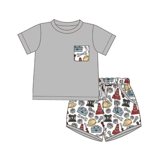 ( Moq 5 ) Preorder Baby Boys Kids Short Sleeves Grey Shirt Tools Pockets Shorts Set Clothes