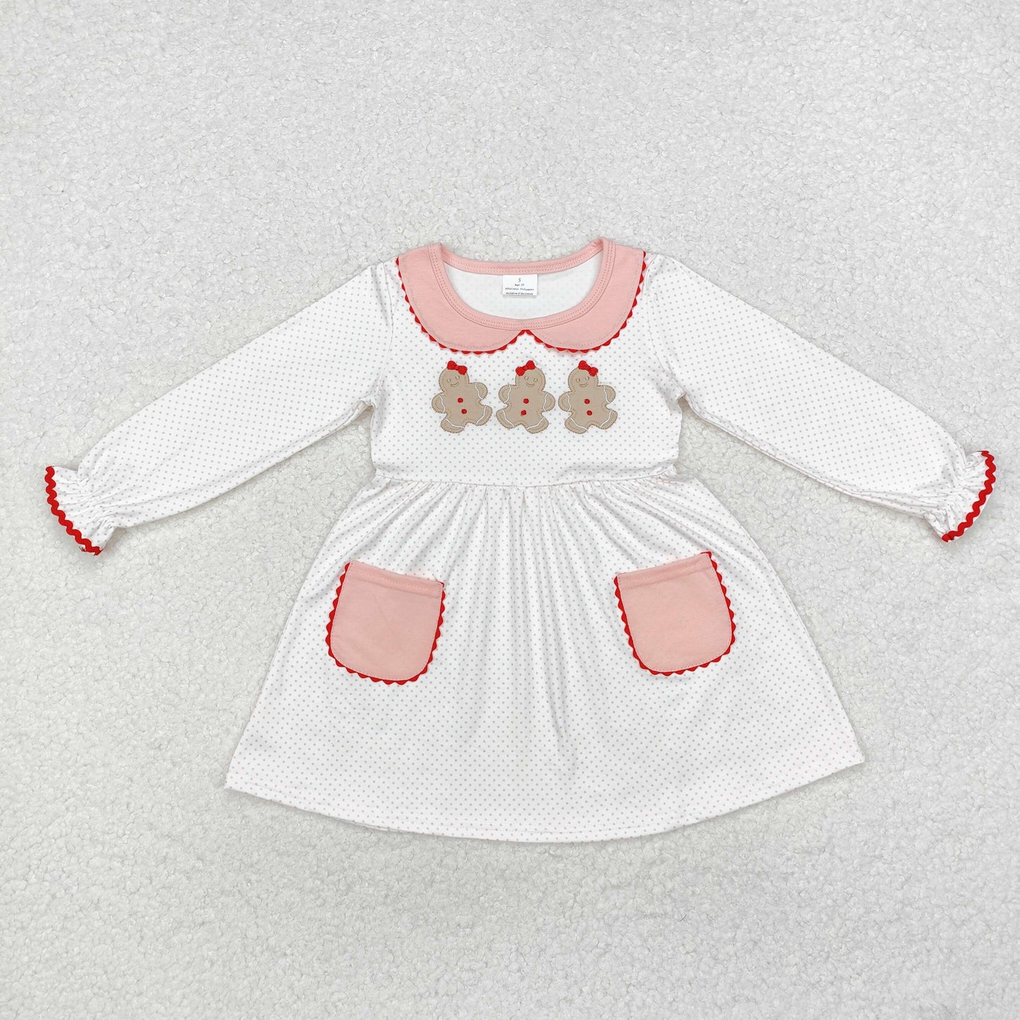 Baby Girl Christmas Embroidery Gingerbread Pink Pockets Dress