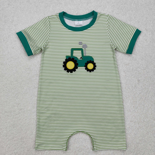 Baby Boy Infant Short Sleeves Embroidery Tractor Farm Green Romper