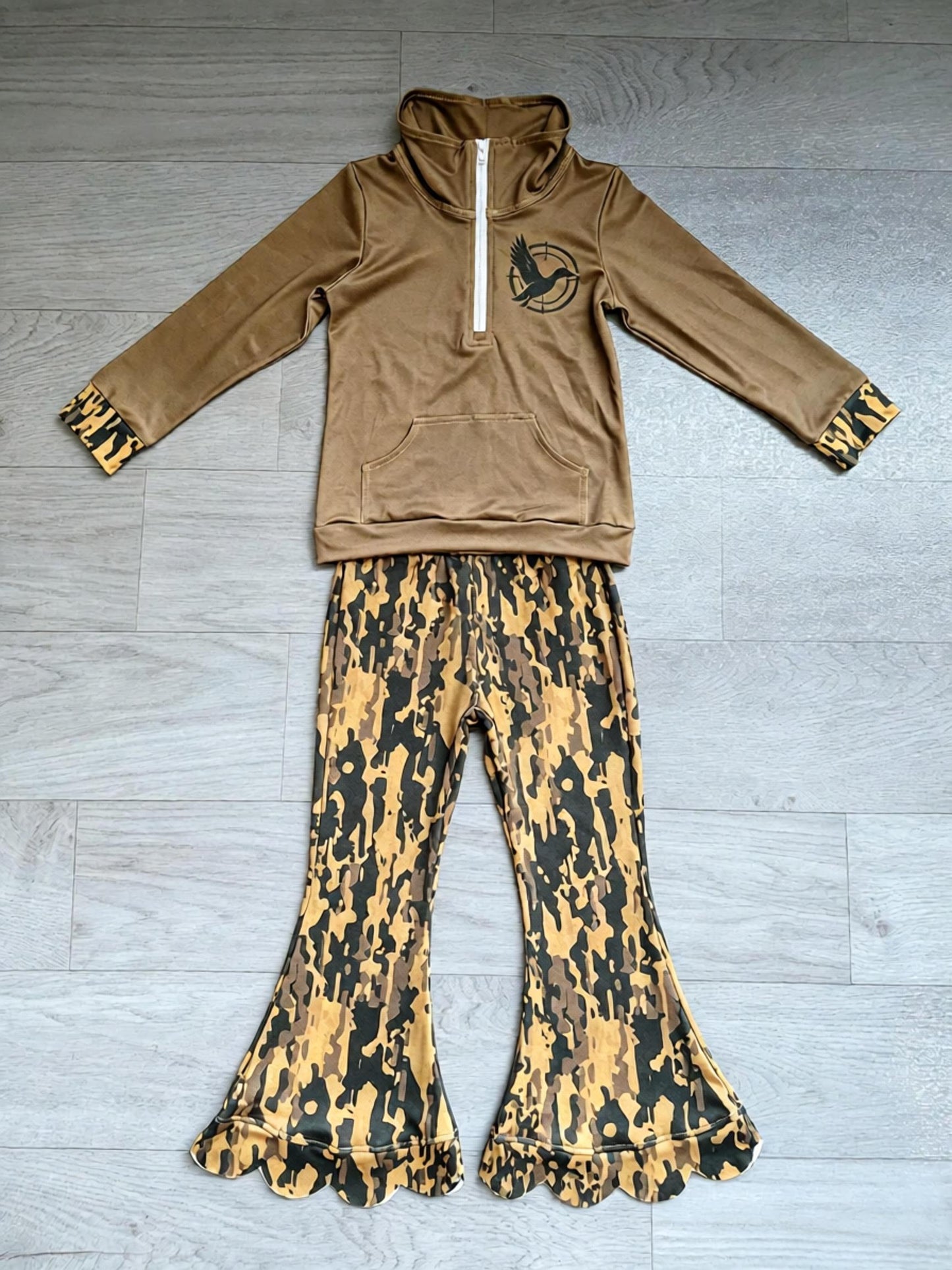 ( No moq ) Preorder Baby Girls Kids Duck Pocket Zipper Green Shirt Scallop Camo Pants Set Clothes