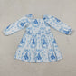 Baby Girls Kids Long Sleeves Castles Blue Bows Stripes Knee Length Dress RTS