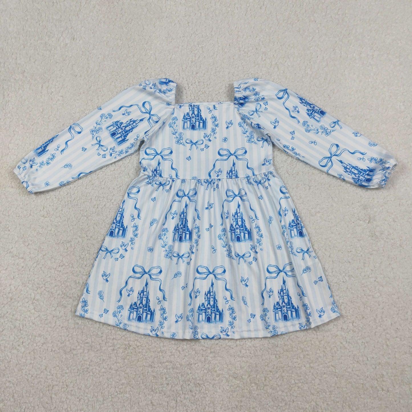 Baby Girls Kids Long Sleeves Castles Blue Bows Stripes Knee Length Dress RTS