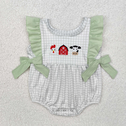 Baby Girl Infant Green Plaid Embroidery Farm Chicken Cow Bows Bubble Romper