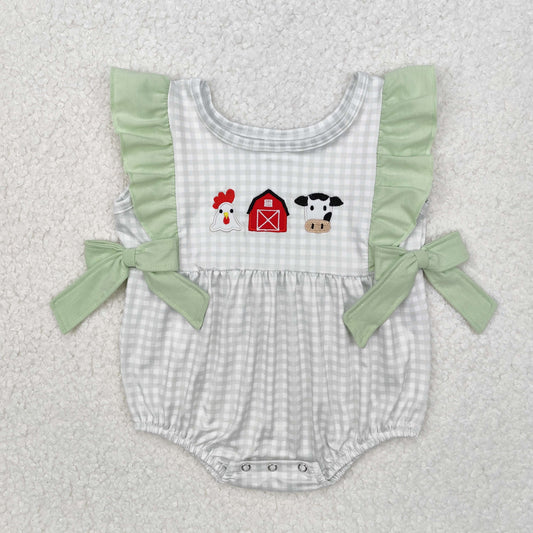 Baby Girl Infant Green Plaid Embroidery Farm Chicken Cow Bows Bubble Romper
