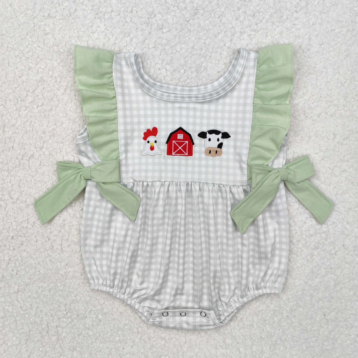 Baby Boy Infant Sleeveless Embroidery Farm Chicken Cow Plaid Buttons Romper