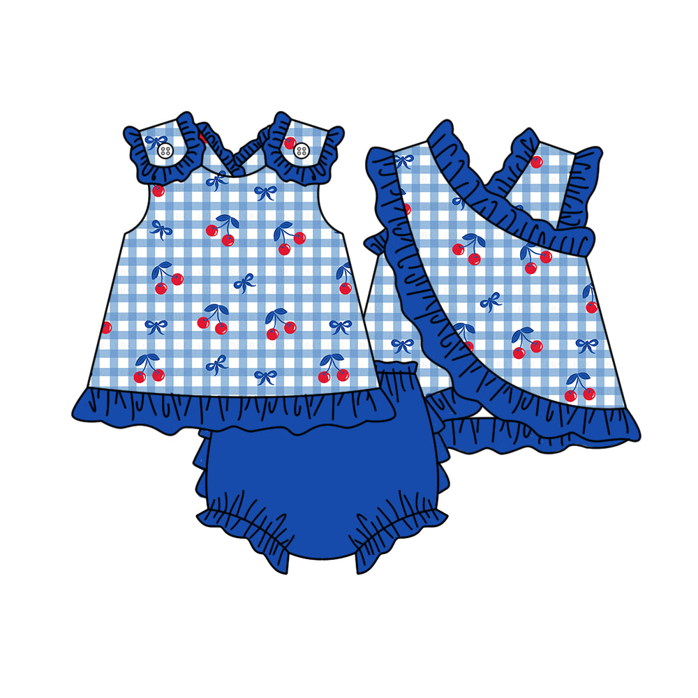 ( Moq 5 ) Preorder Baby Girl Kids Sleeveless Cherry Bow Plaid Tops Ruffle Blue Bummie Shorts Set Clothes
