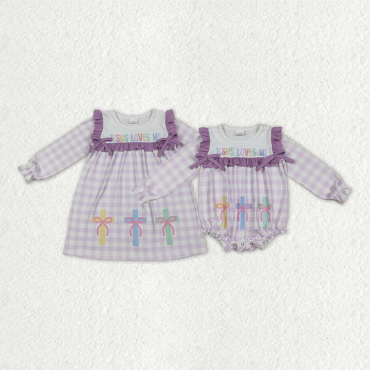 Sibling Girls Kids Long Sleeves Jesus Loves Me Purple Plaid Cross Easter Romper Dress RTS