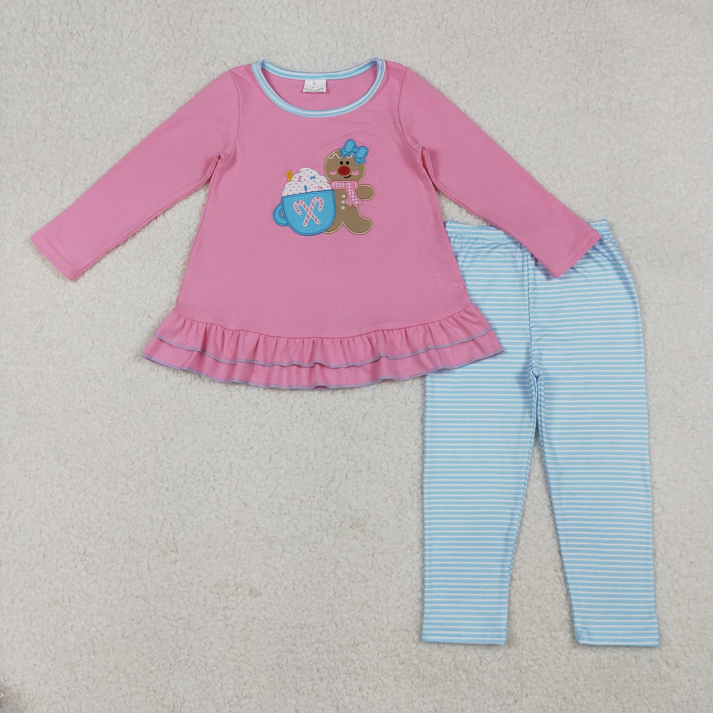 Baby Girl Long Sleeves Embroidery Gingerbread Tunic Blue Pants Christmas  Set RTS