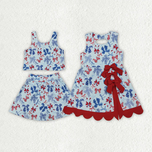 Sibling Baby Girls Kids 4th of July Bows Skort Yoga Active Dress Set Clothes RTS