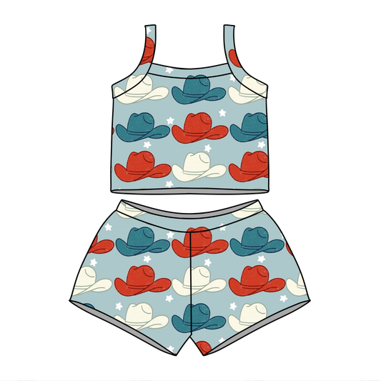 ( Moq 5 ) Preorder Baby Girls Straps Hats Stars Tops Shorts 4th of July Set Clothes