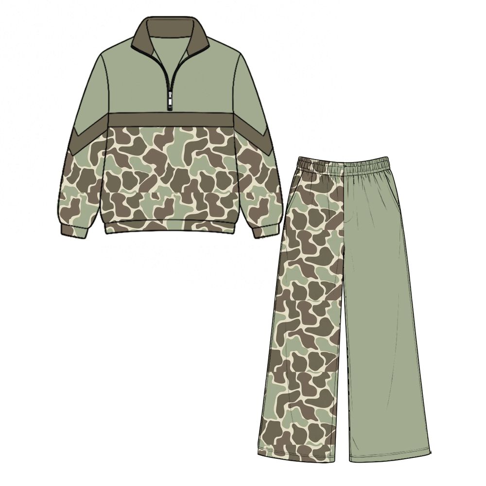 ( Moq 5 ) Preorder Baby Girls Kids Long Sleeves Zipper Green Pullover Camo Pockets Pants Set Clothes