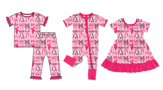 ( Moq 5 Each Style ) Sibling Baby Girls Kids Short Sleeves Bows Pink Ruffle Dress Romper Set Clothes