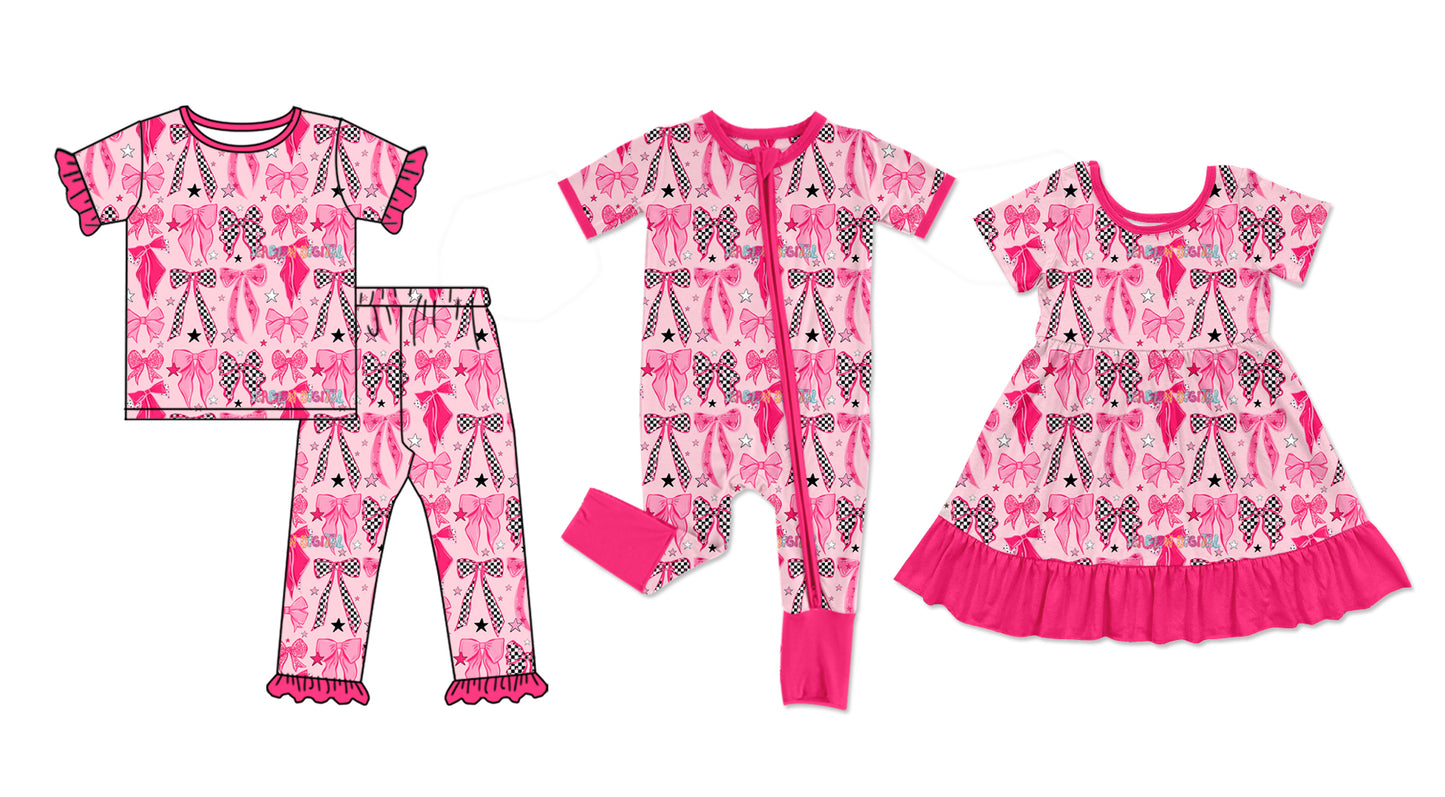 ( Moq 5 Each Style ) Sibling Baby Girls Kids Short Sleeves Bows Pink Ruffle Dress Romper Set Clothes