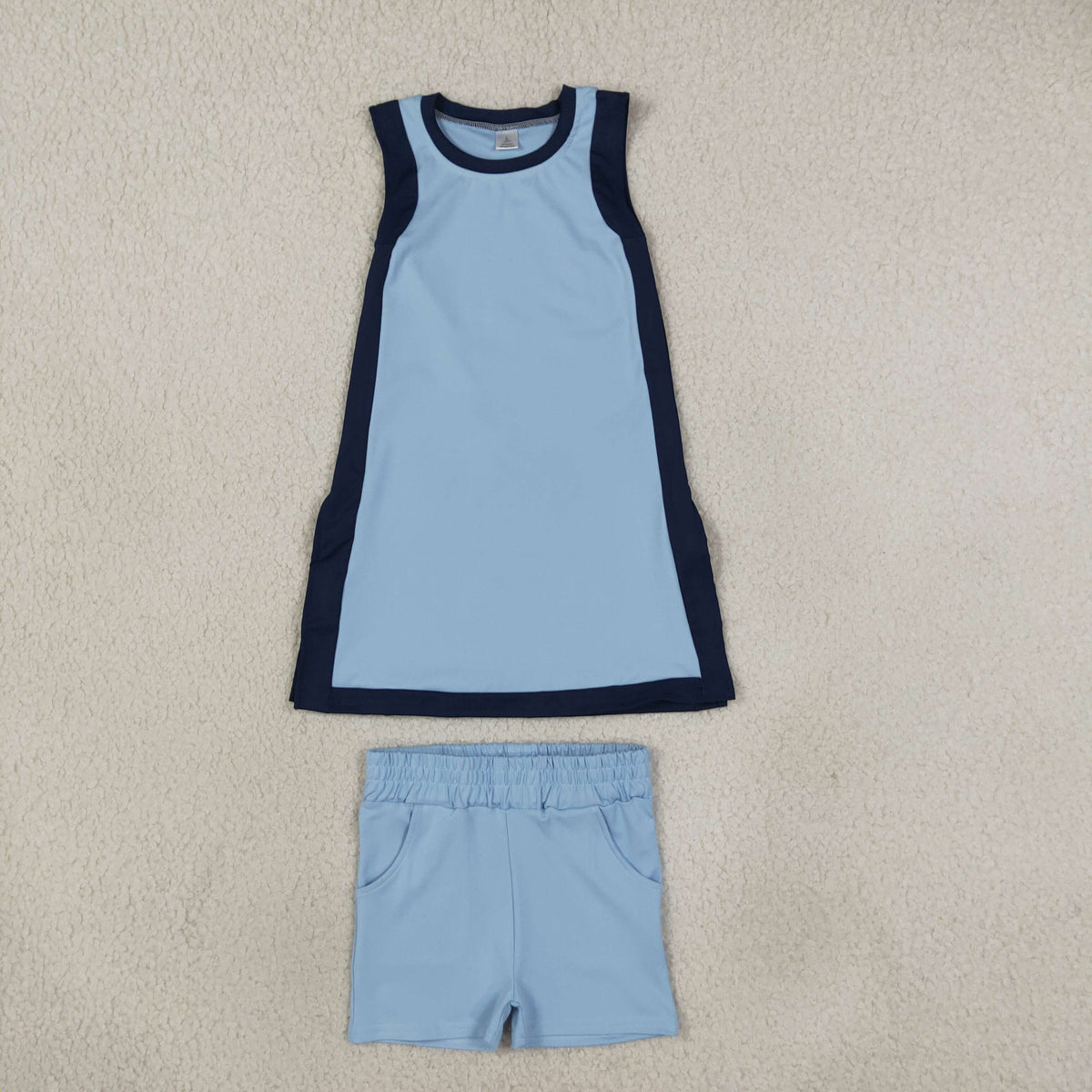 Baby Girls Kids Sleeveless Tops Blue Pockets Shorts Set Yoga Active Clothes RTS