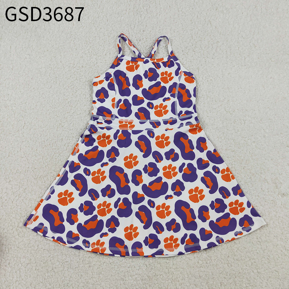 Baby Girls Kids Straps Purple Orange Leopard Team Yoga Active Shorts Knee Length Dress RTS