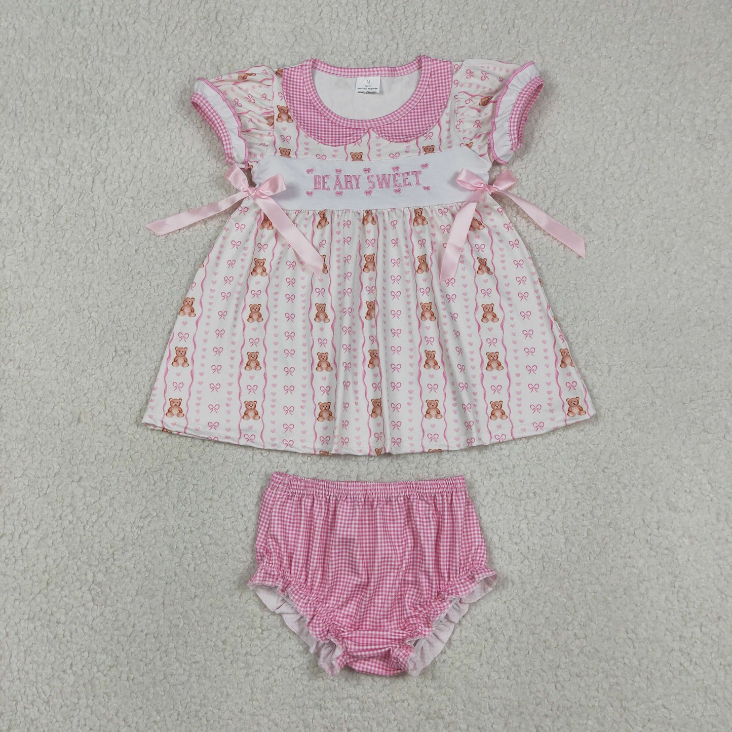 Baby Girls Kids Embroidery Beary Sweet Bows Tops Pink Bummie Set Summer Clothes RTS