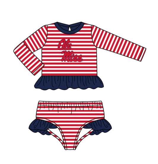 ( Moq 5 ) Baby Girls Long Sleeves Ruffle Tops Stripes Shorts Team Set Swimsuit