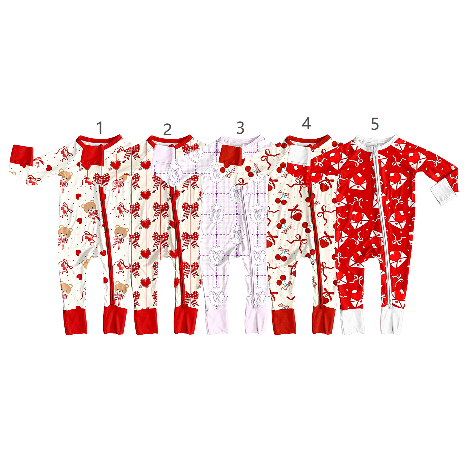 ( Moq 5 Each Style ) Sibling Baby Girls Infant Long Sleeves Valentine Hearts Bows Zipper Footie Sleeper Rompers Clothes
