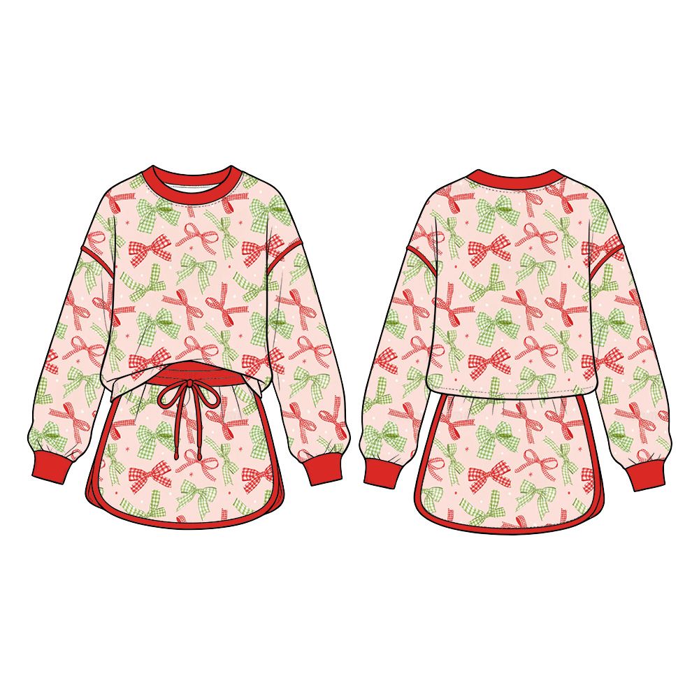 ( Moq 5 ) Preorder Baby Girls Kids Long Sleeves Green Red Bows Shirt Skirt Shorts Set Clothes