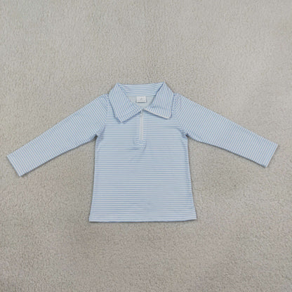 Sibling Baby Boys Girls Kids Long Sleeves Blue Stripes Zipper Pullovers Shirts Tops RTS