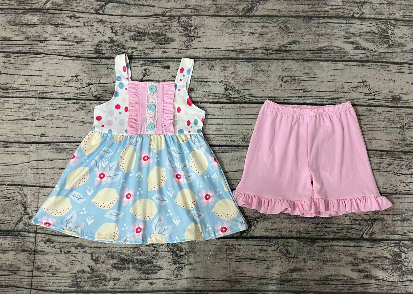 Baby Girl Lemon Tops Pink Ruffle Cotton Shorts Set