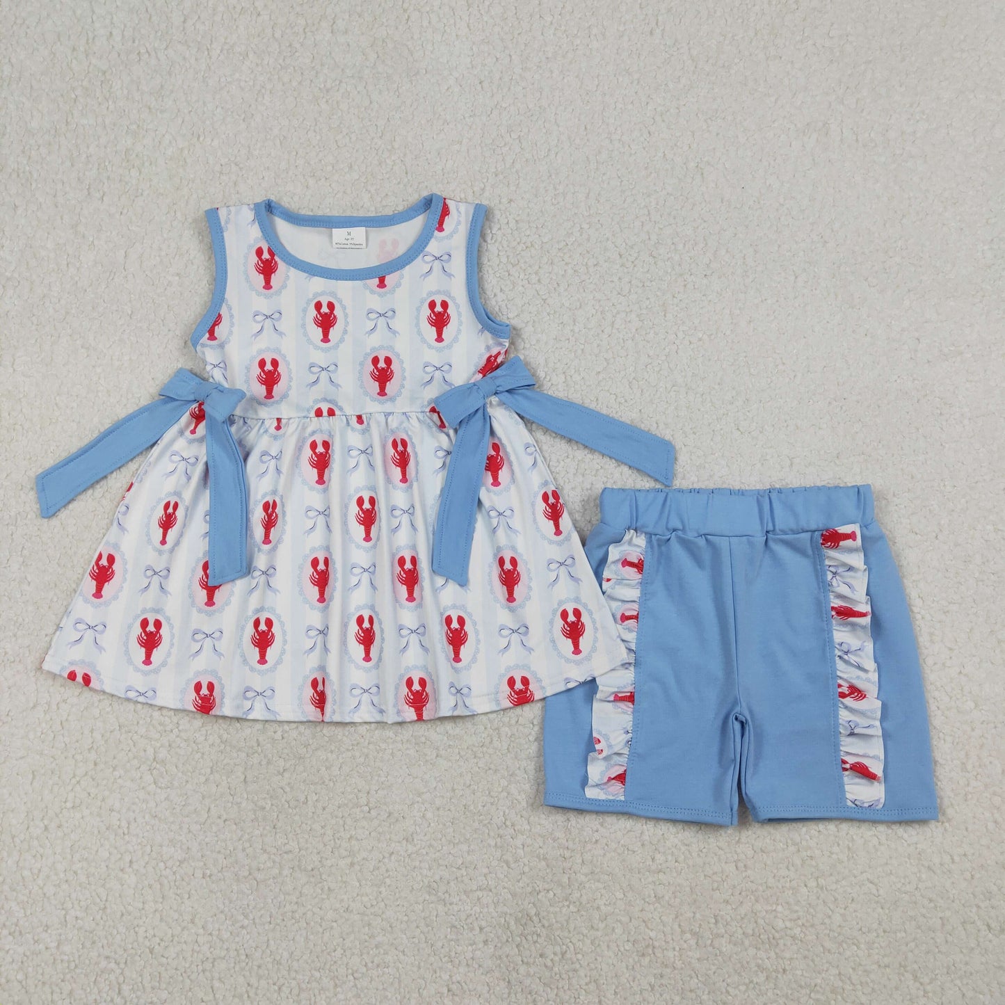 Baby Girls Kids Crayfish Bows Stripes Tunic Ruffle Blue Shorts Clothes Set RTS