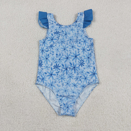 Baby Girl Kids Short Sleeves Blue Flower One Piece Swimsuit RTS