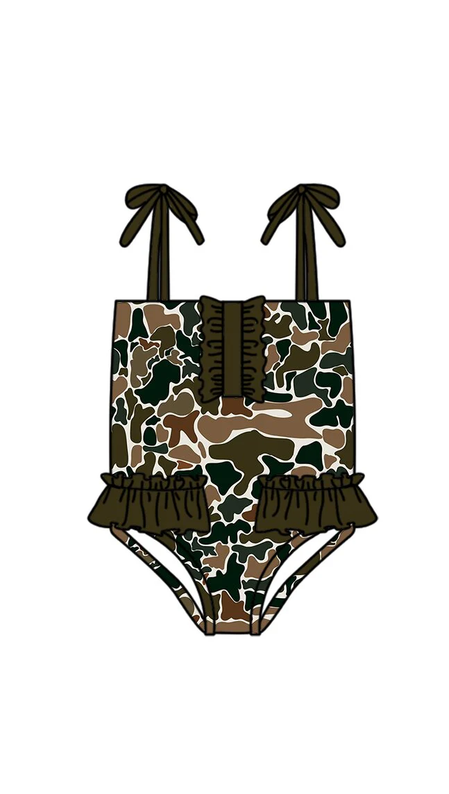 ( Moq 5 ) Preorder Baby Girls Kids Sleeveless Brown Green Camo Ruffle Summer One-piece Swimsuit