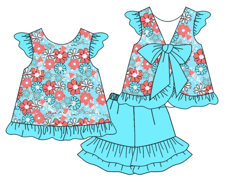 ( Moq 5 Each Style ) Baby Girl Summer Flower Blue Sibling Romper Set 4.24
