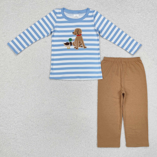 Baby Boy Long Sleeves Embroidery Dog Ducks blue Stripes Shirt Pants Pajamas Set