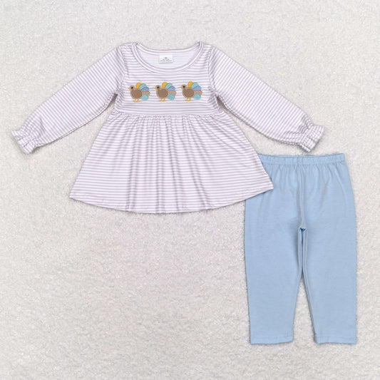 Baby Girl Stripes Embroidery turkey Tops Blue Pants Thanksgiving Set