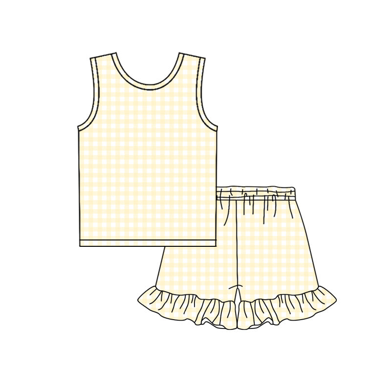 ( Moq 5 )  Preorder Baby Girls Kids Sleeveless Yellow Plaid Tops Ruffle Shorts Set Summer Clothes