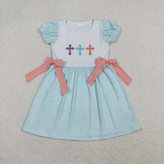 Girls Kids Short Sleeves Embroidery Cross Bows Easter Knee Length Dress RTS