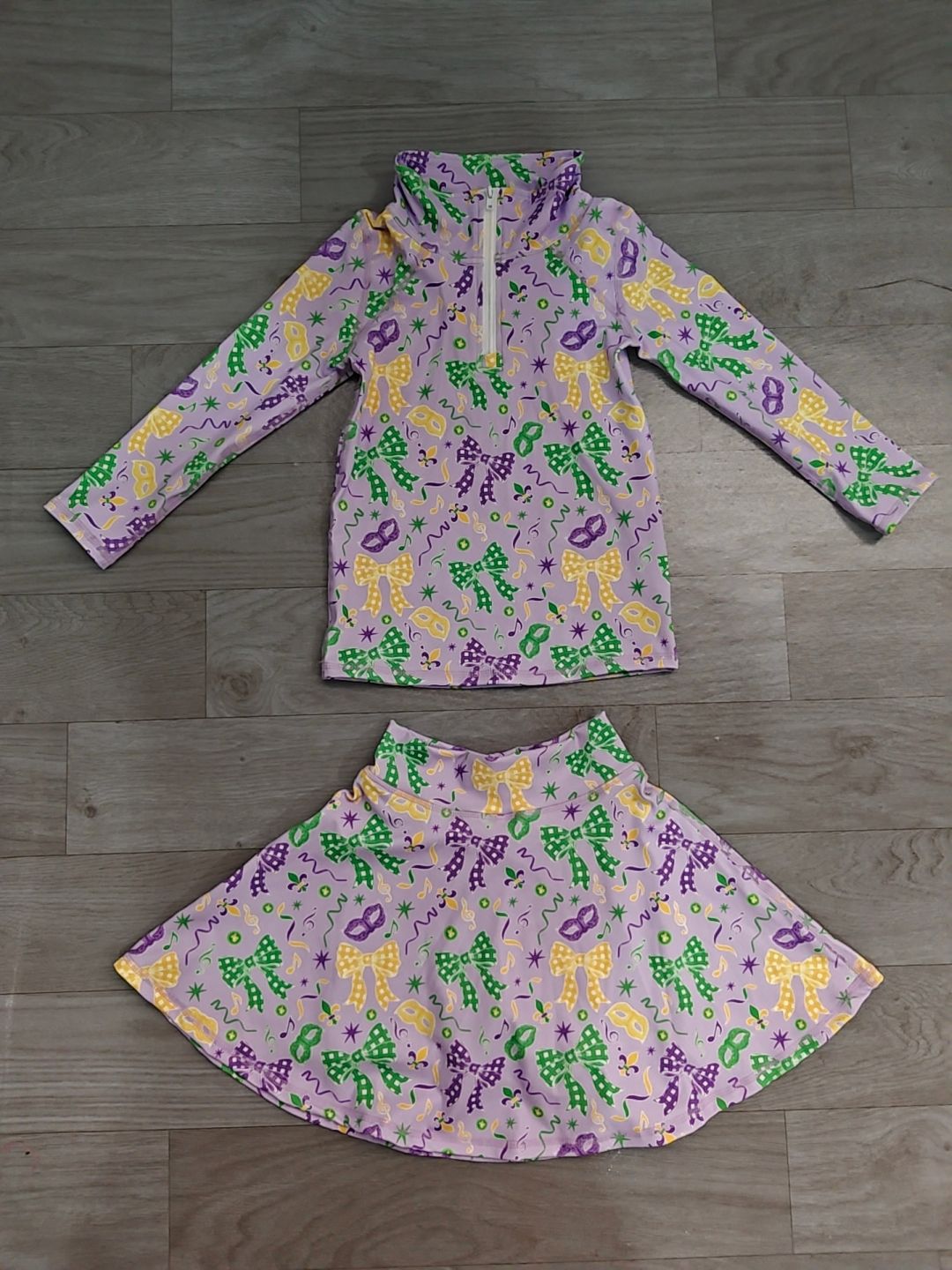( No moq ) Preorder Baby Girls Kids Masks Bows Zip Shirt Skirt Shorts Set Mardi Gras Yoga Clothes