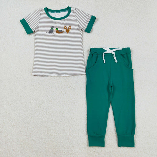 Baby Boy Short Sleeves Embroidery Duck Dog Deer Stripes Shirt Pockets Green Pants Set RTS