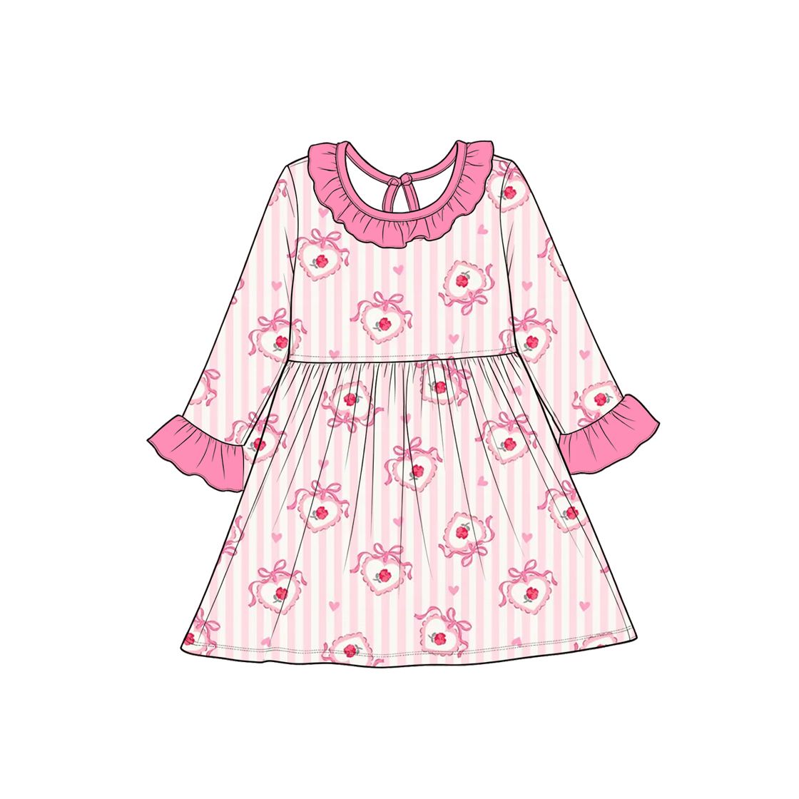 ( Moq 5 ) Preorder Baby Girls Kids Long Sleeves Hearts Flower Stripes Valentine Pink Dress Clothes