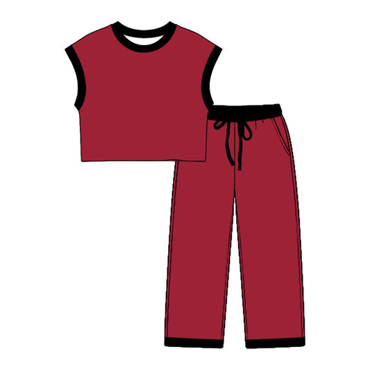 ( Moq 5 ) Preorder Baby Girls Kids Sleeveless Shirt Tops Pockets Pants Cotton Set Red Clothes
