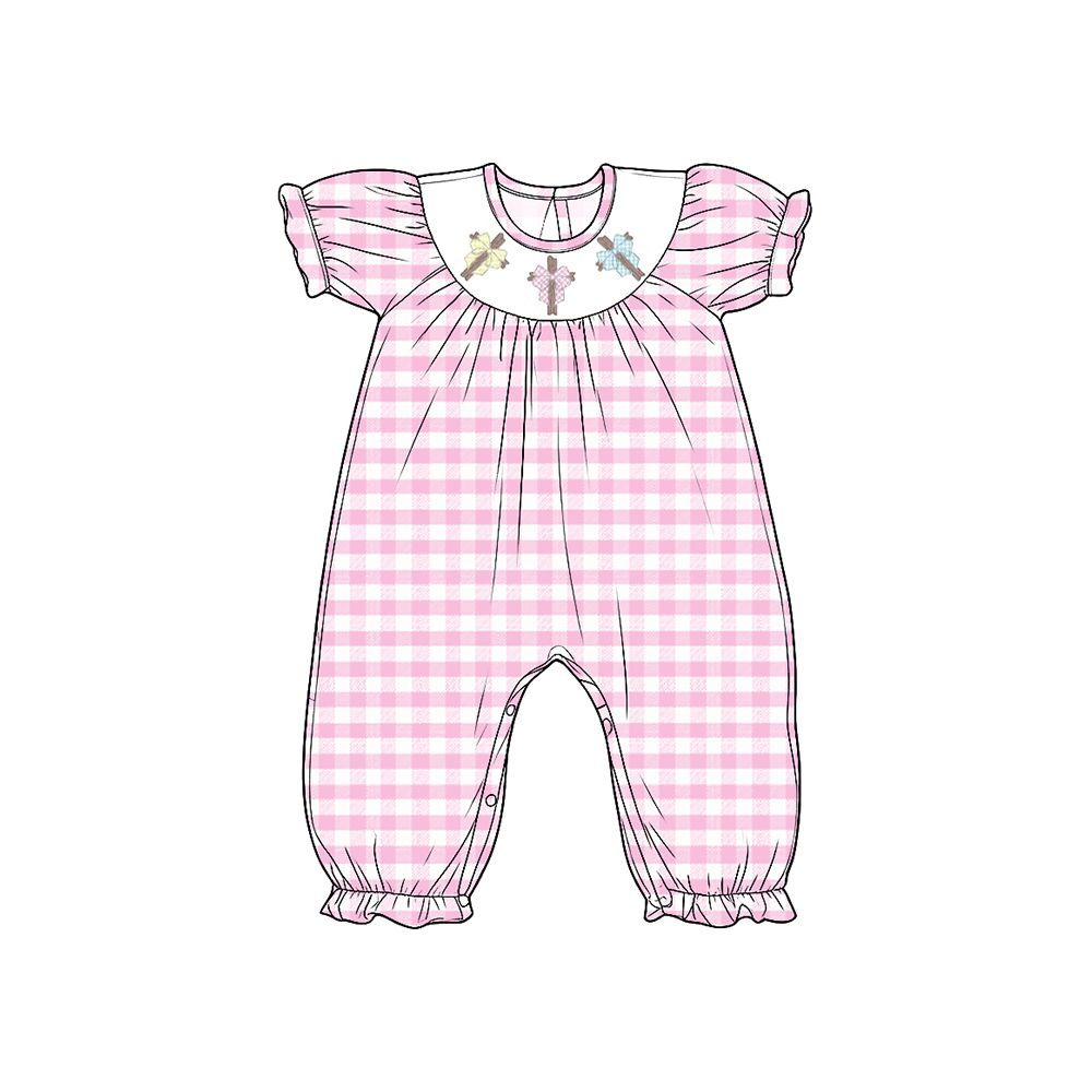 ( Moq 5 ) Preorder Baby Girls Infant Cross Bows Easter Pink Plaid Romper Clothes