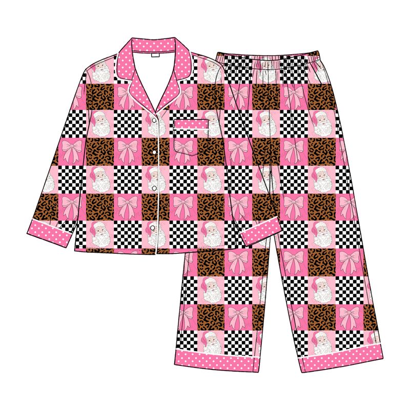 ( Moq 5 ) Preorder Adult Women Santa Bows Plaid Buttons Pocket Shirt Pants Christmas Pajamas Set