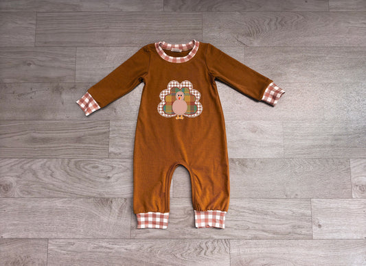 ( No moq ) Preorder Baby Boy Infant Embroidery turkey Thanksgiving Brown Romper Clothes
