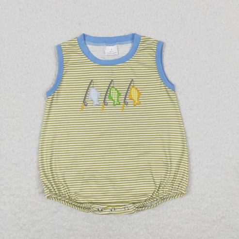 Baby Boy Stripes Embroidery Fishing Sibling Summer Rompers Clothes Sets