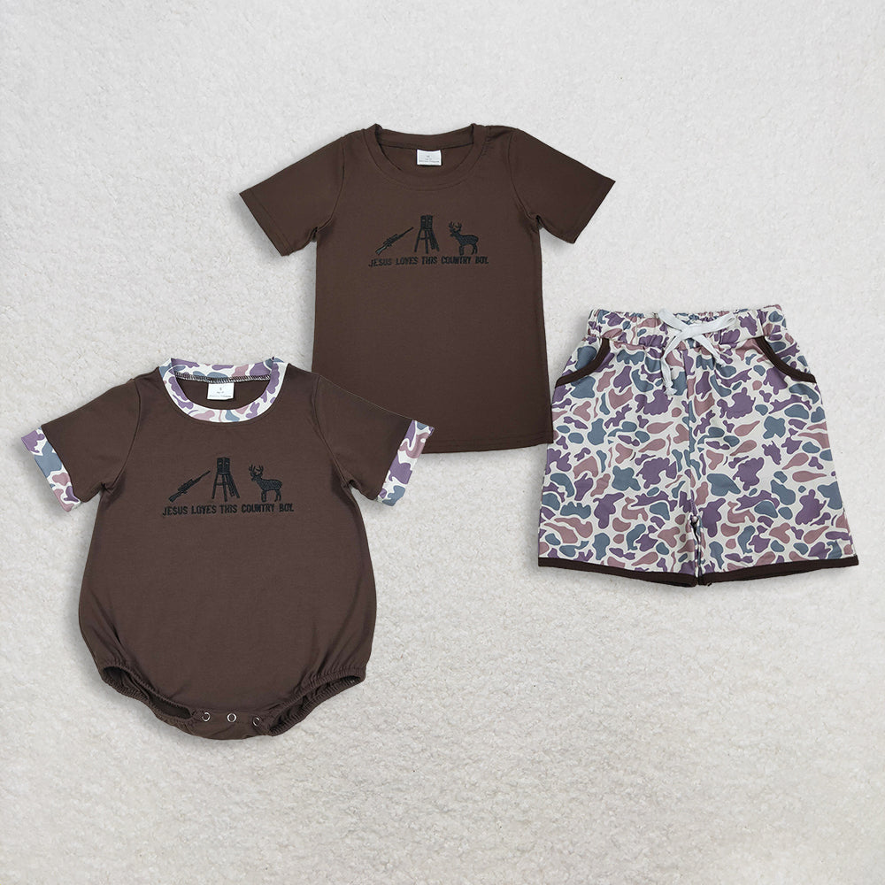 Sibling Boy Kids Embroidery Jesus Love Me Deer Camo Romper Hunting Clothes Set RTS