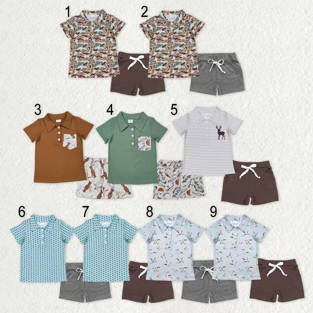 Sibling Baby Boys Short Sleeves Deer Ducks Camo Buttons Shirts Pockets Shorts Hunting Clothes Sets RTS
