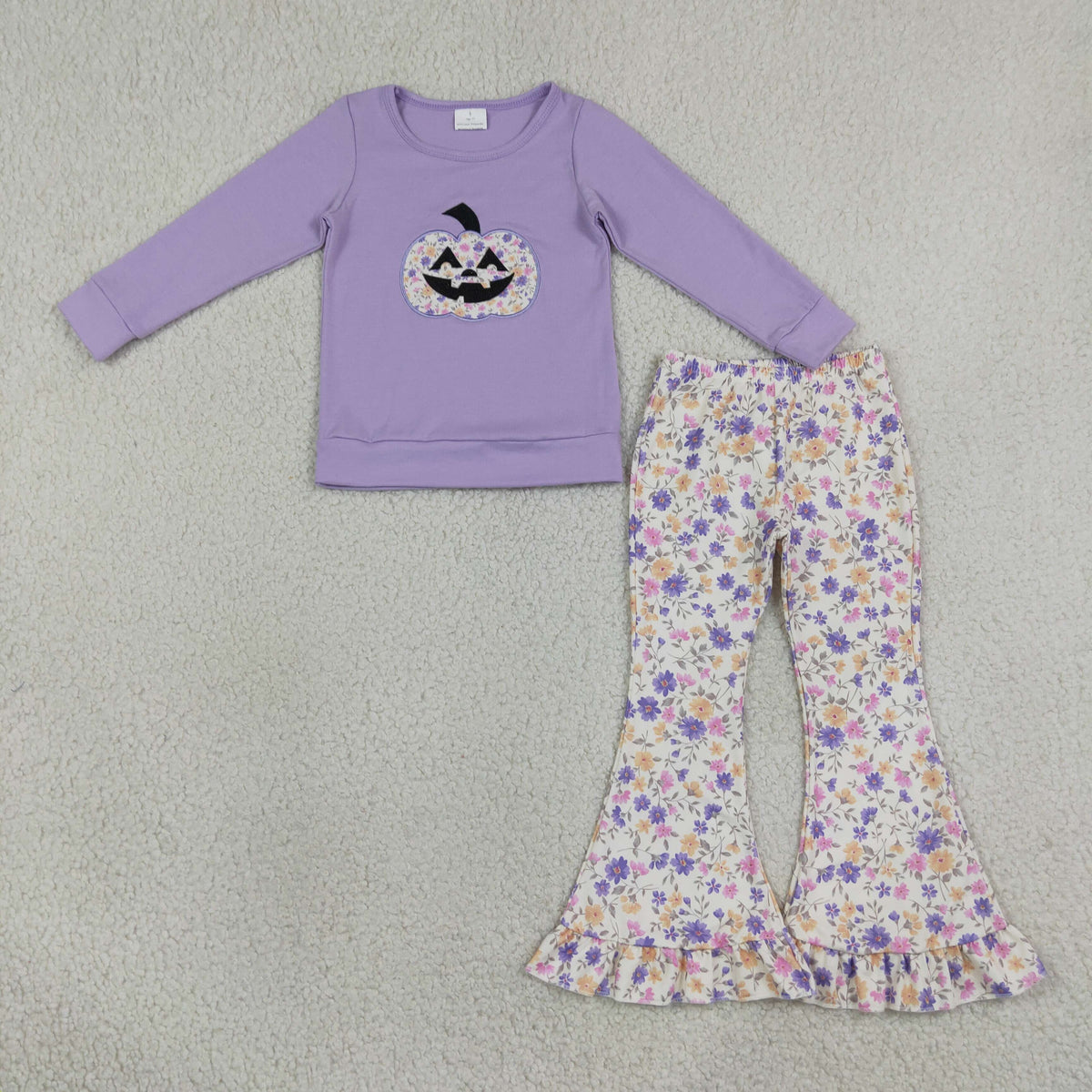 Baby Girls Kids Embroidery Pumpkin Bow Purple Shirt Flower Pants Set Halloween Clothes RTS