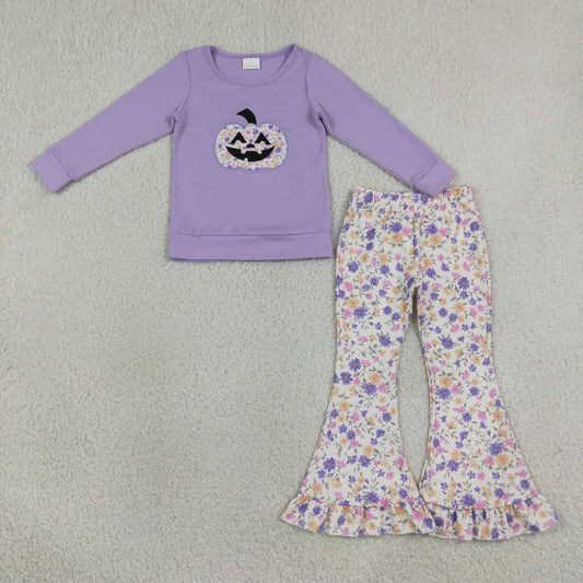 Baby Girls Kids Embroidery Pumpkin Bow Purple Shirt Flower Pants Set Halloween Clothes RTS