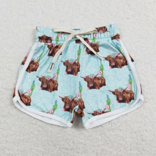 SS0123 Baby Girl Western Cow Print Summer Blue Running Shorts