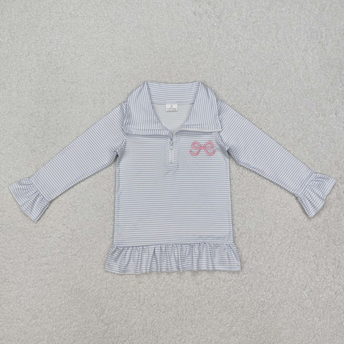 Baby Girl Long Sleeves Embroidery Bow Stripes Zipper Pullover Shirt