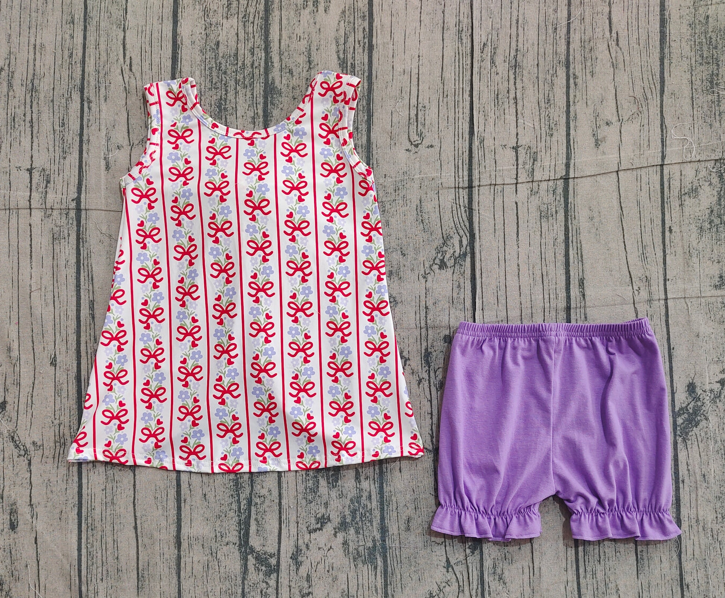 Baby Girls Kids Sleeveless Flower Bows Hearts Tunic Purple Shorts 4th of July Set RTS