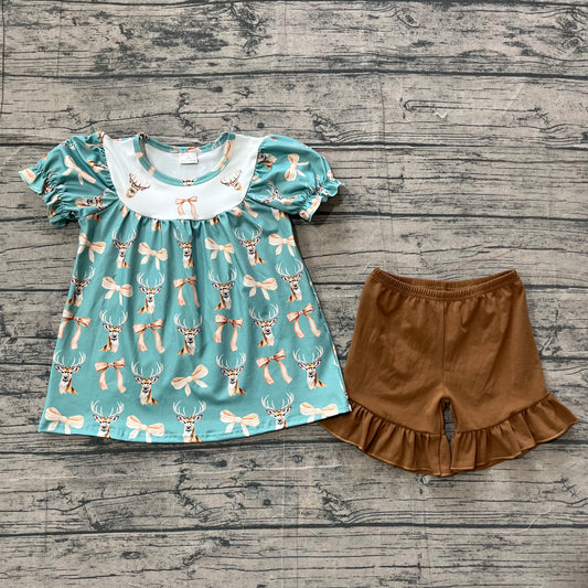 ( No moq ) Preorder Baby Girls Kids Short Sleeves Deer Bows Tunic Brown Ruffle Shorts Hunting Set
